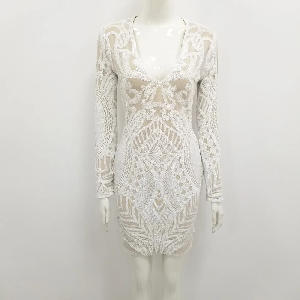 Женское рождественское облегающее платье белое Сетчатое вечернее с блестками