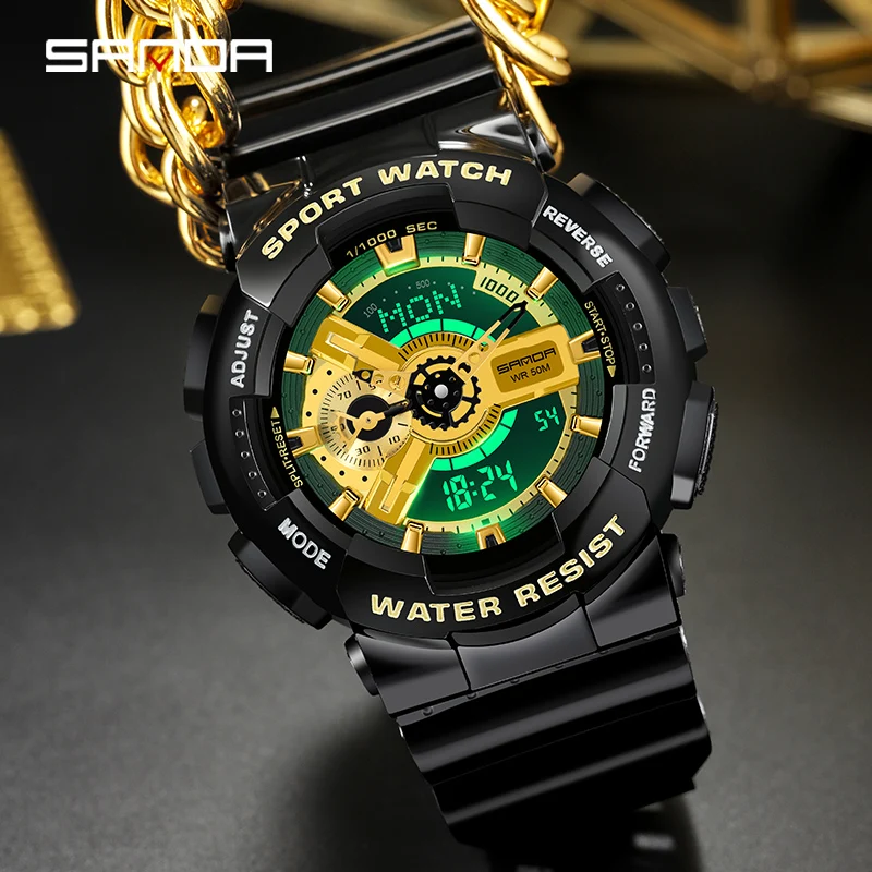 

Raise hand light SANDA New Luxury Men Watch Green Luminous Sports Watch 50M Waterproof Quartz Dual Display Watch Orologio uomo