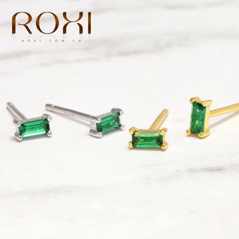 Женские квадратные серьги-гвоздики ROXI с изумрудно-зеленым камнем маленькие