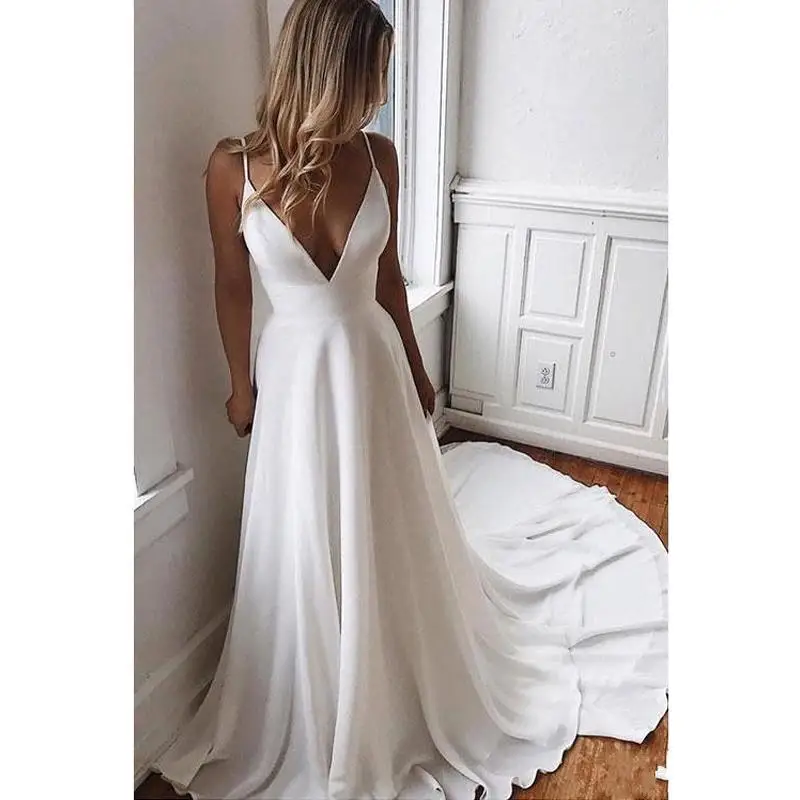 Vestido De Noiva A Line Simple White Bride Wedding Dress V Neck Bridal Long Chiffon Boho Beach Gowns freebie | Свадьбы и торжества