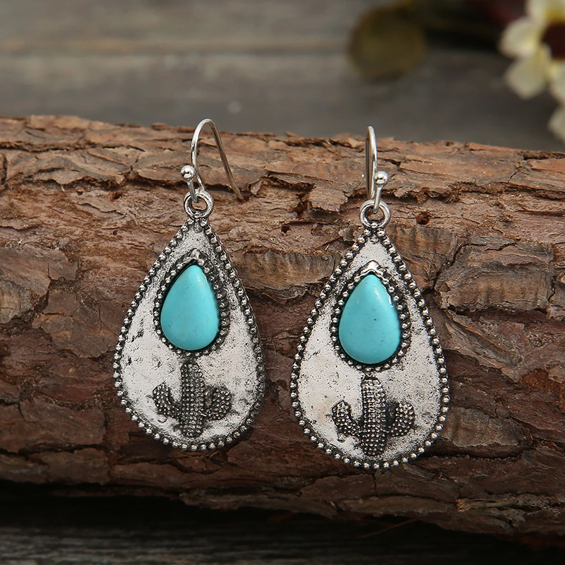 

Bohemian Style Simple Drop-Shaped Turquoises Earrings Creative Exquisite Cactus Pattern Earrings Women's Jewelry Best Gifts