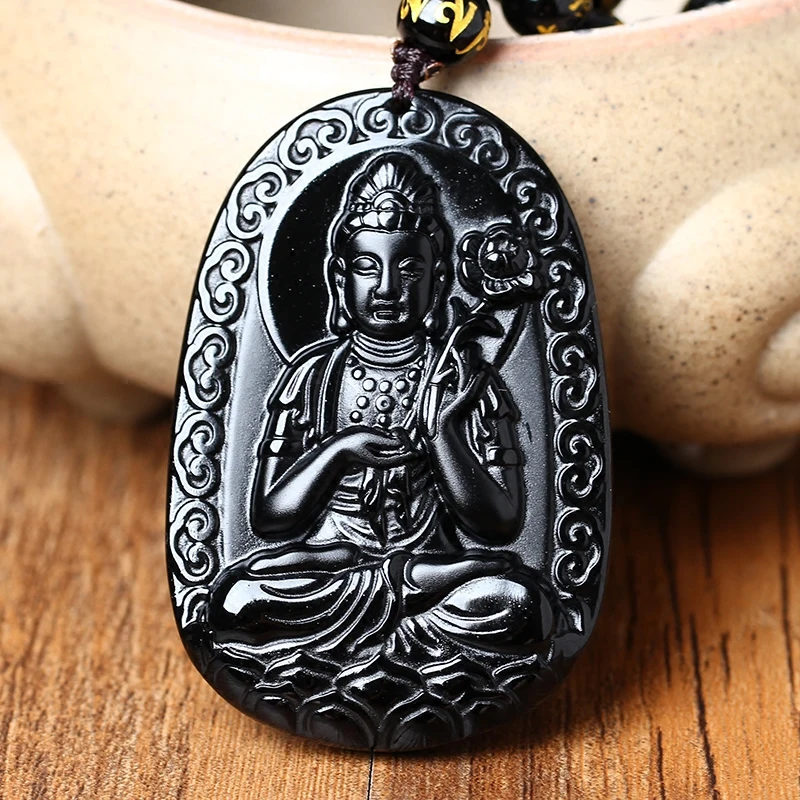 Натуральный черный обсидиан бусы ожерелье ручной работы Будда нефрит кулон