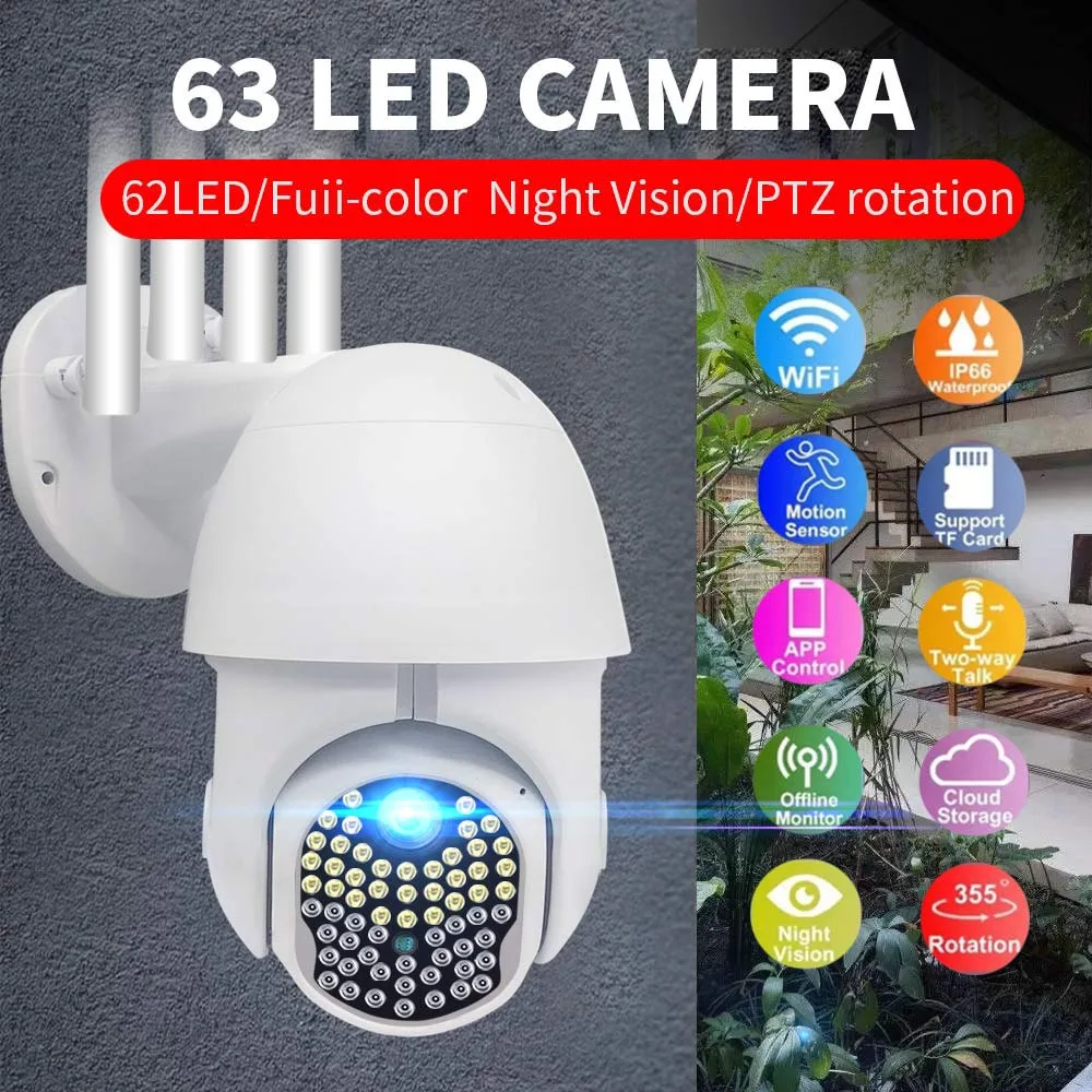 

1080P Wifi PTZ IP Dome Camera Wireless Surveillance Camera 63 Lights LED Two-way Voice Communication Home Security Camcorders