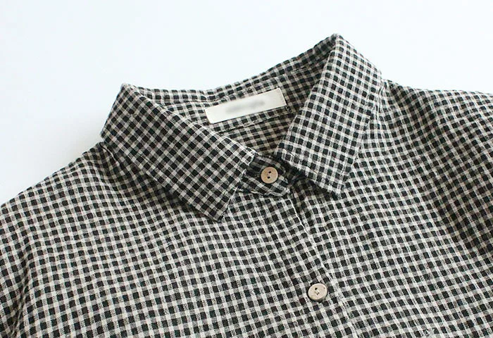 

6685 Big Size Autumn Women Mori Girl Linen Ruffled Plaid Long Sleeves Shirt Tops Turndown Collar Loose Casual Blouse Women