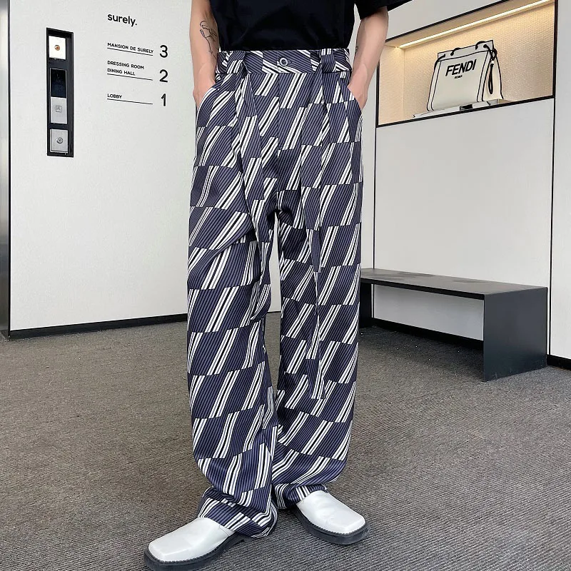 

Pattern Print Pants Men Belt Ribbon Korean Streetwear Fashion Casual Wide Leg Pants Male Long Trousers
