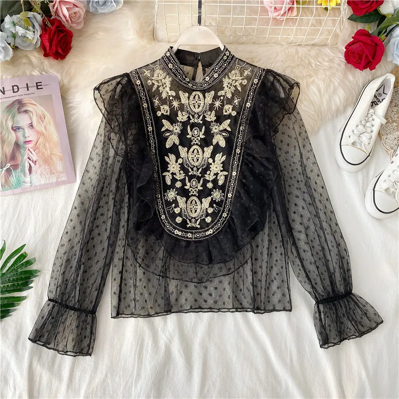 Винтажный Дворцовый стиль элегантные женские прозрачные блузки с воротником