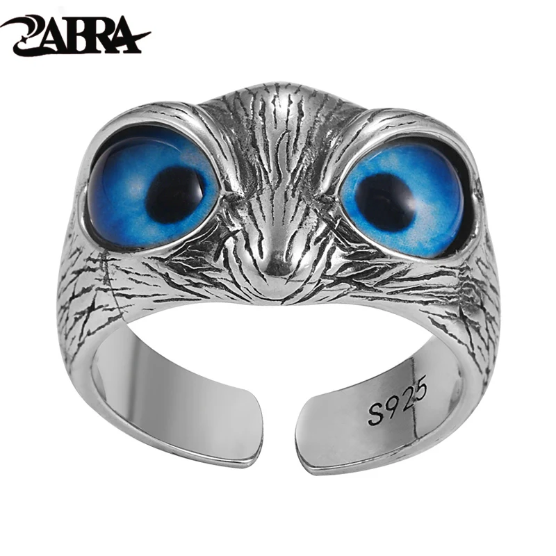 ZABRA Adjustable Owl Ring Vintage Rock 925 Sterling Silver Rings For Men Women Blue Stone Zircon Biker Jewelry Size 8-10.5 | Украшения и