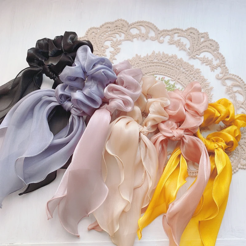 Fashion Barrette Bow Streamer Hair Scrunchies Elastic Band Satin Ribbon Ponytail Scarf Ring For Woman Accessories |