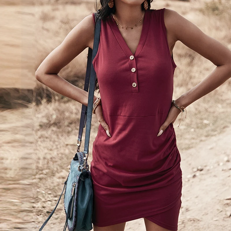 

Summer Ruched Dress Women Sleeveless Sexy Dresses for Women Solid Color Slim Irregular Sundress