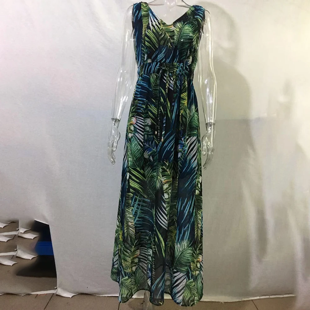 

Sexy Deep V Neck Print Boho Woman Dress 2021 Summer Casual Backless Elegant Tank Vintage Long Dresses For Women
