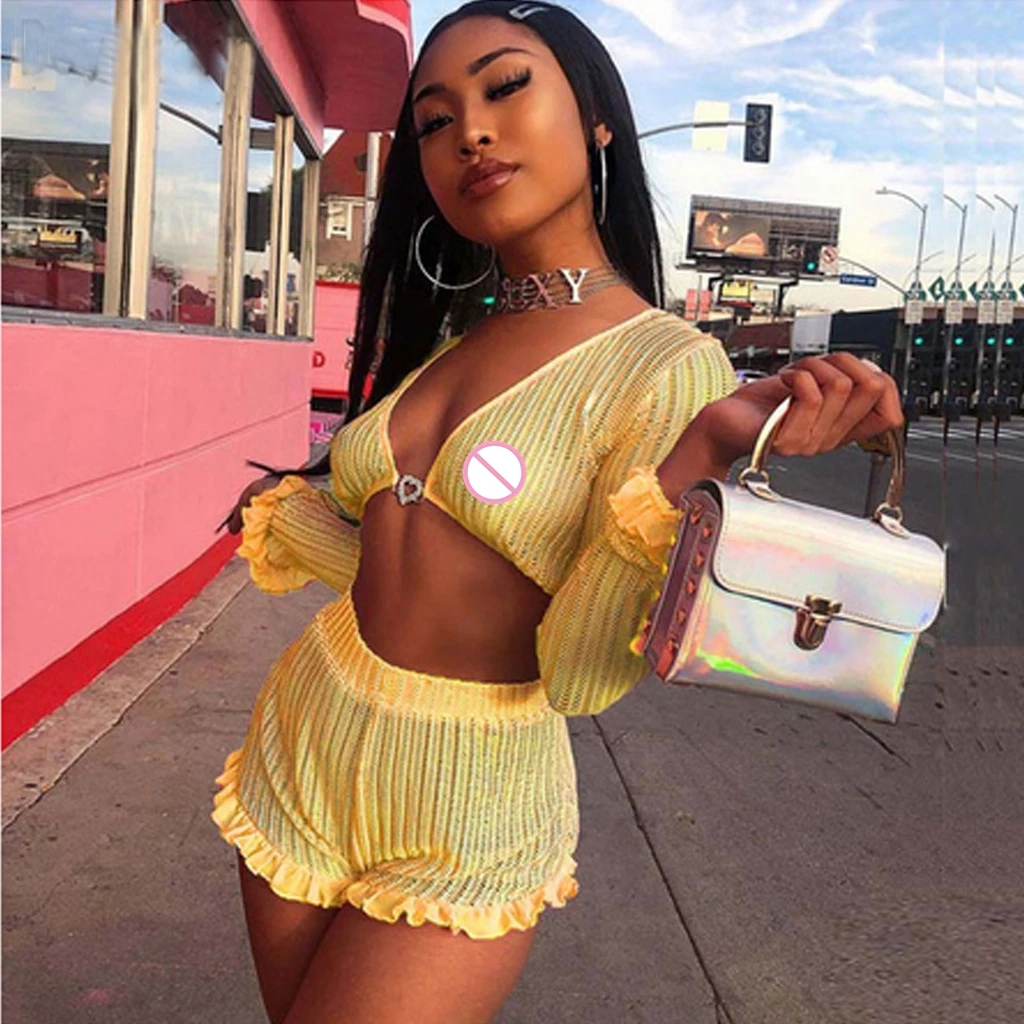 2 шт Сексуальная женская прозрачная вязанная с длинным рукавом v образный вырез в