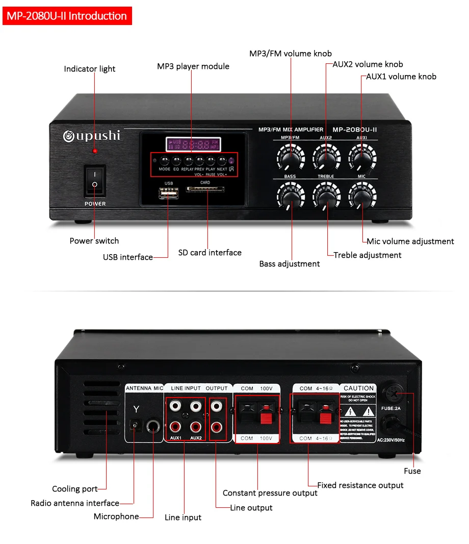 Oupushi MP-2050U Bluetooth усилитель мощности профессиональная поддержка постоянного давления sd-карта и микрофонный вход