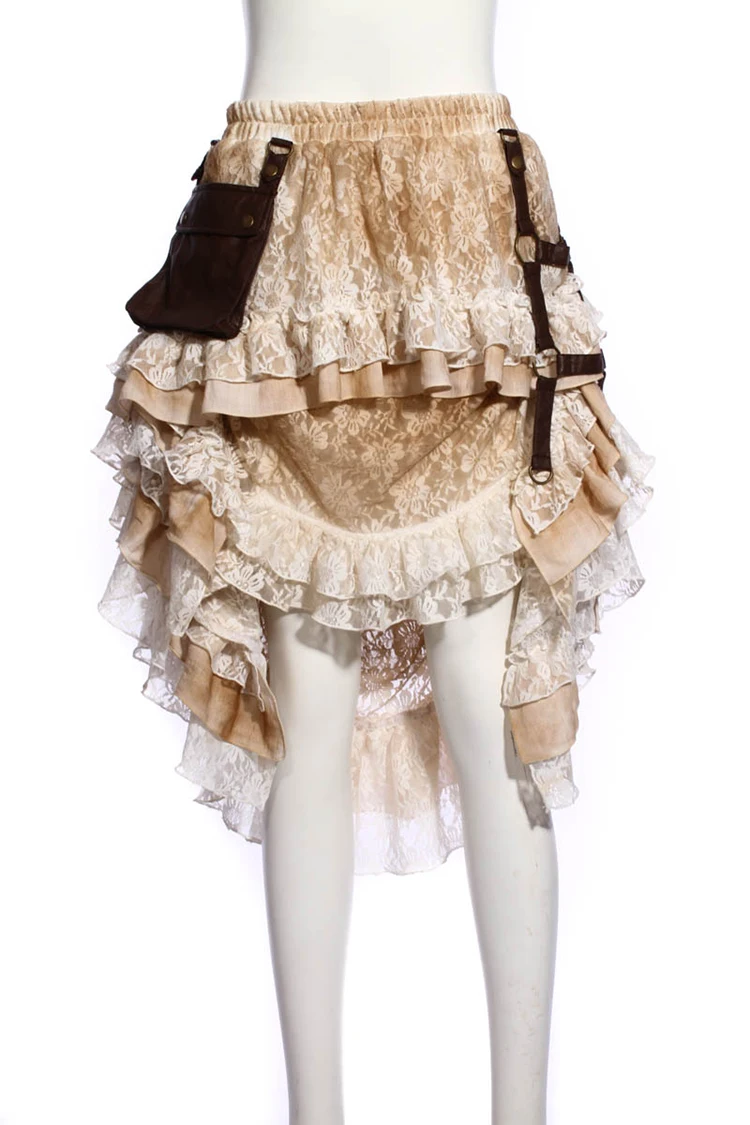 

Steampunk Retro Irregular Women Sexy Long Skirts Punk Gothic Gorgeous Floral Patterns Lace Skirt with Big Pocket Two-wear Skirt