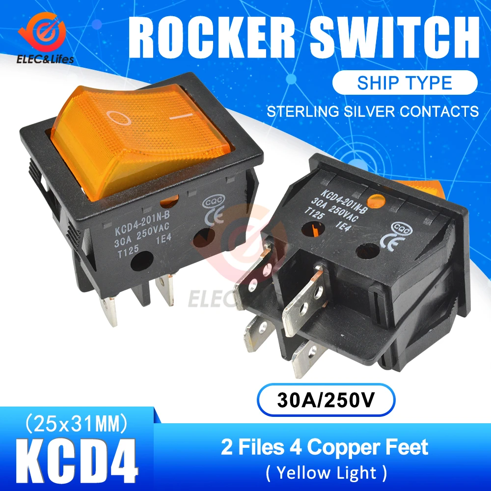 30A 250V 4 6 Pin ON-OFF кулисный переключатель для лодки контакты из стерлингового серебра KCD4 выключатель питания со светодиодным индикатором светильник 30A/250V 25*31MM
