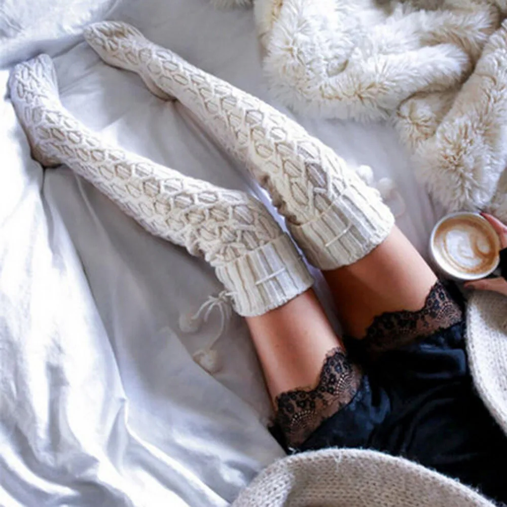 Женские вязаные удлиненные сапоги выше колена теплые осенне-зимние женские