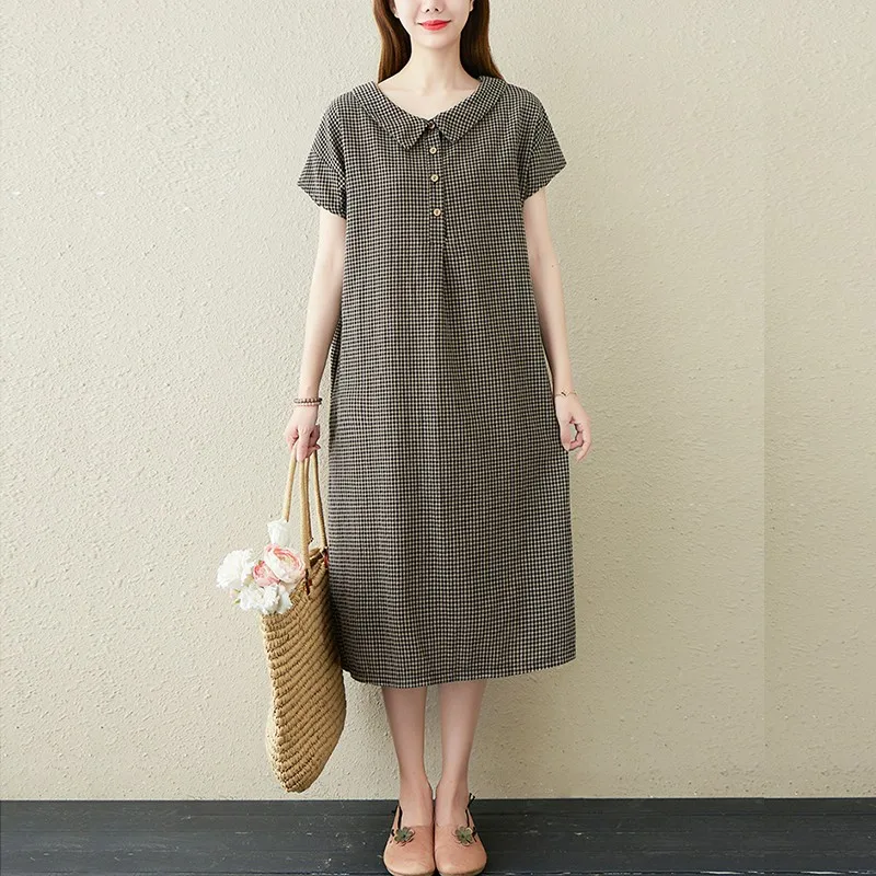 

Женское Повседневное платье в клетку, винтажное Длинное свободное платье-трапеция из хлопка и льна с воротником «Питер Пэн», модель B658 на ле...