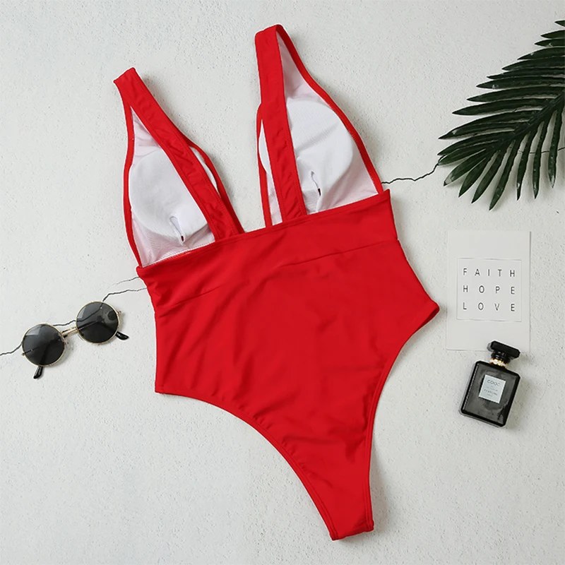 Новый сексуальный однотонный купальник Женский Цельный с глубоким v-образным