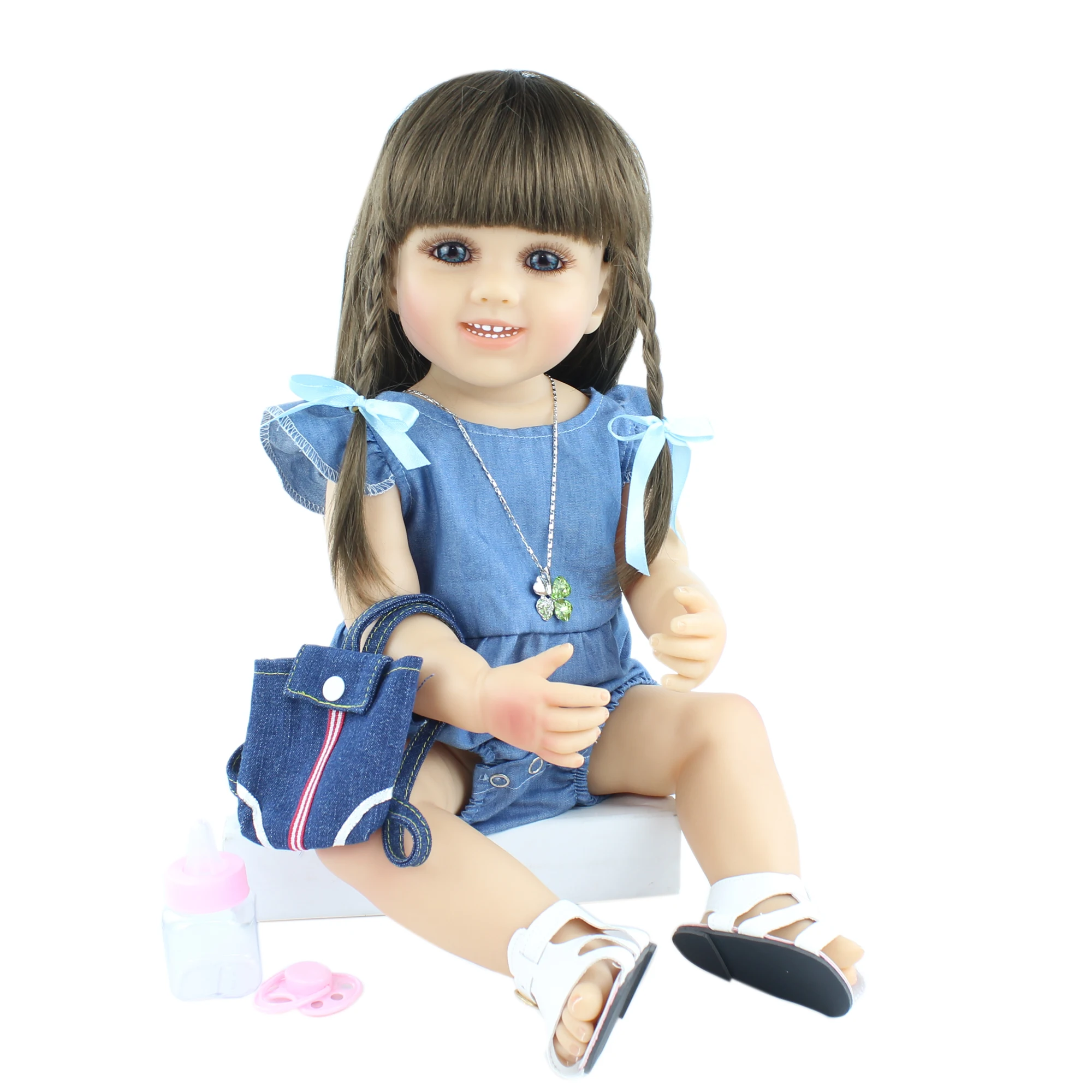 

55cm Full Silicone Body Reborn Baby Doll Toys For Girl Long Hair Princess Kids Smile Bebe Dress Up Boneca Kid Birthday Gift