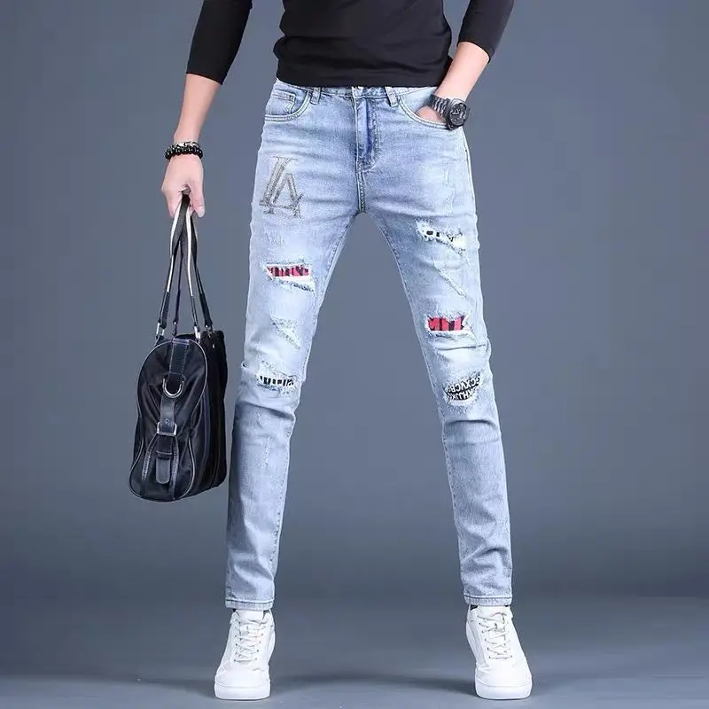 

Men’s Light Luxury Diamond Embroidery Jeans,Slim-fit Stretch Denim Pants,Ripped Patched Blue Jeans,Youth Cool Must;