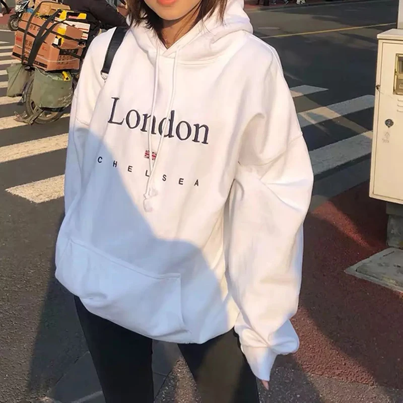 

New Vintage Letter Embroidery Loose Sweatshirt Women Cotton Long Sleeve O Neck Oversized Hoodie Autumn Casual Chic Hoodies W12