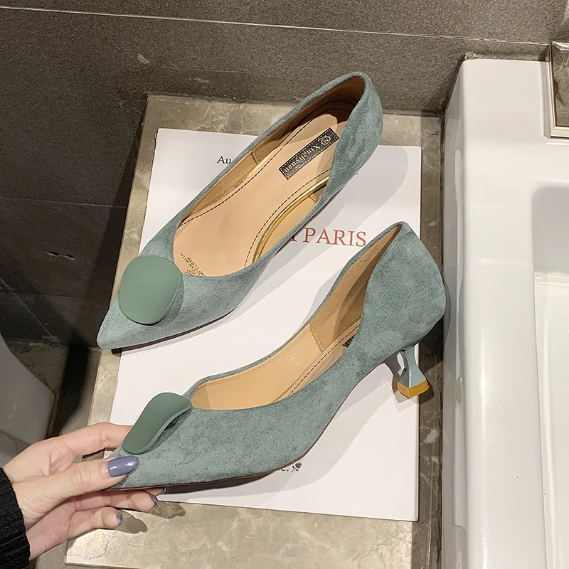 

2020 New Women's High Heels Pumps Office Lady Women Shoes Sexy Bride Party Thick Heel Pointed Toe Leather High Heel Shoes U22-49