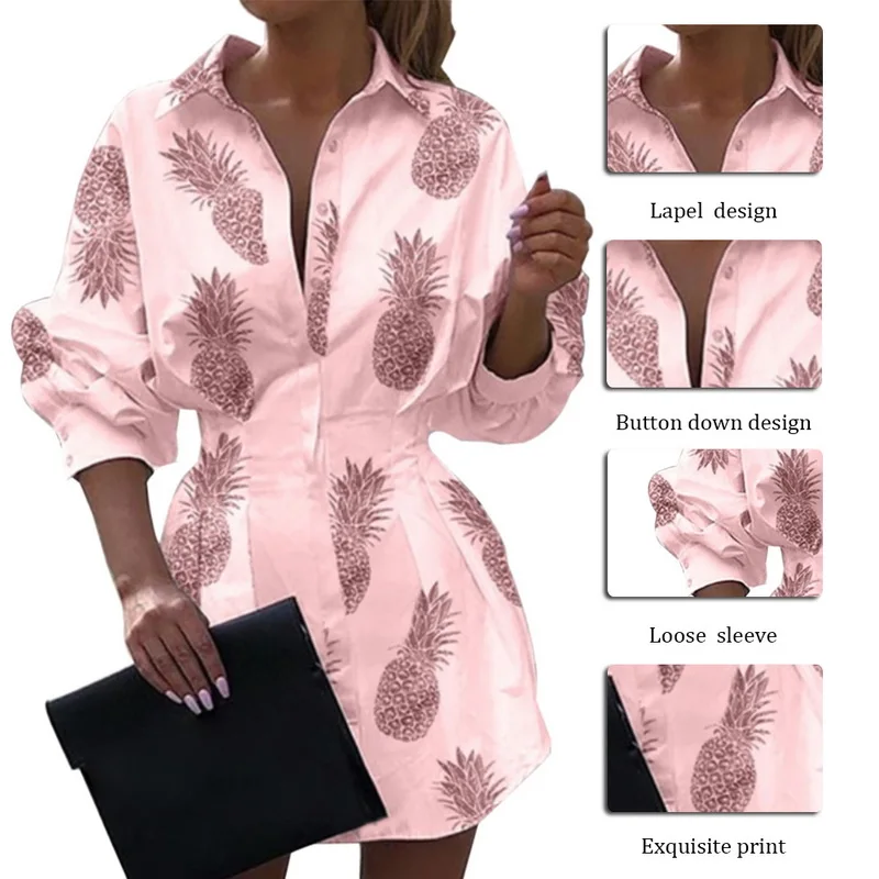 

Women Letters Printing Long Blouses Ladies Pineapple Chic V Neck Button Long Sleeve Shirt Tops Blouse blusas mujer de moda