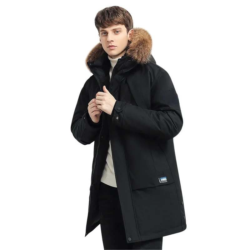 Down Jacket Men's Tooling Mid-length 2021 Winter Big Fur Collar Hooded Pie Overcoming Thickened Down Jacket Men