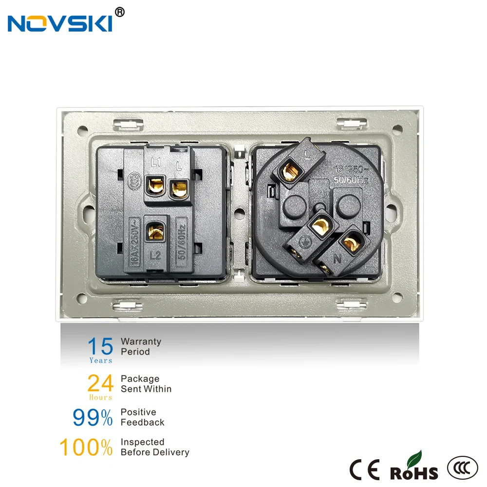 NOVSKI Настенная розетка 2 рамы стандарт ЕС с 1 контактной электрической розеткой.