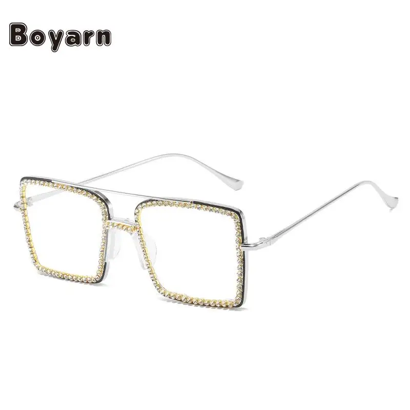 

Boyarn 2022 New Fashion M16 Gorgeous Women Crystal Diamond Handmade Rhinestone Flat Mirror UV400 Lens Metal Glasses