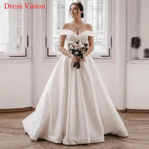 Vestido De Noiva Wedding Dress A-Line Off The Shoulder Backless Satin Pearls Sashes Floor Length Sweep Train Simple Bride Gown