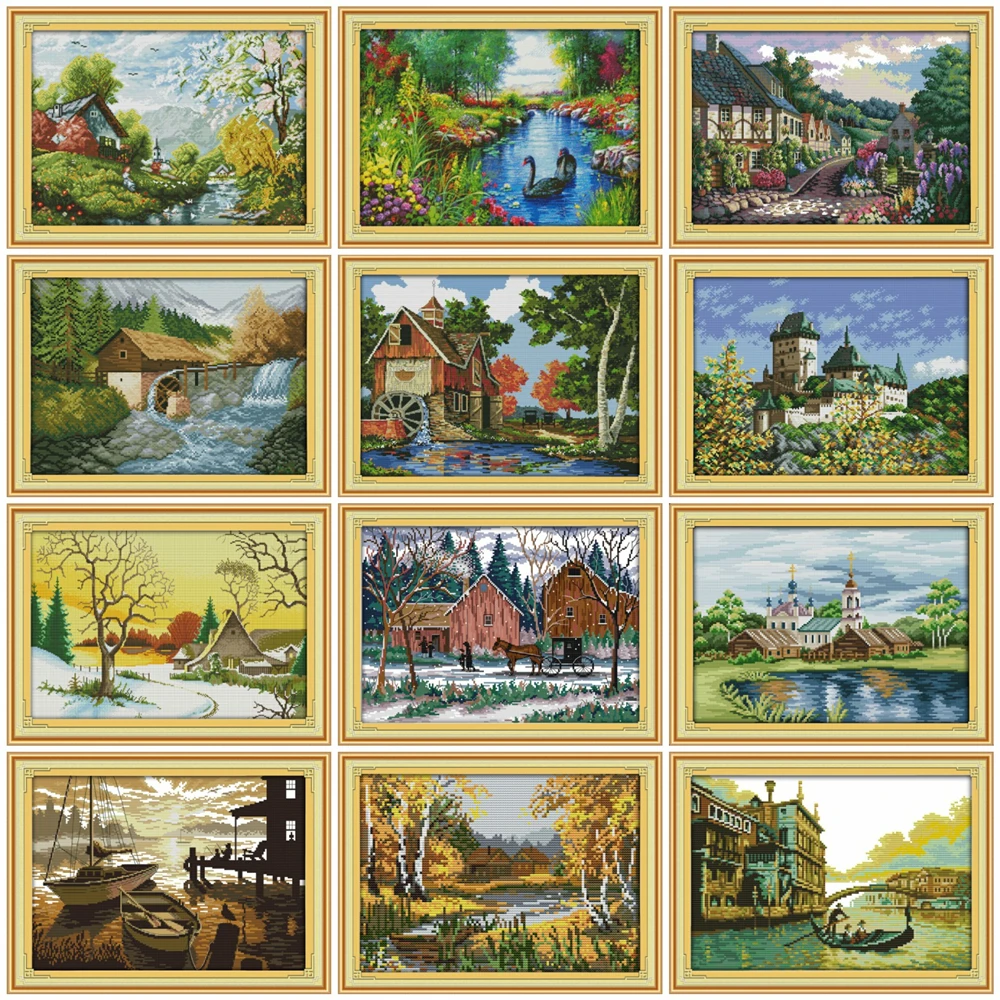 

HUACAN Sunset Scenery Painting Counted Cross Stitch 11CT 14CT White Canvas Cross Stitch Set For DIY Needlework Embroidery Kit