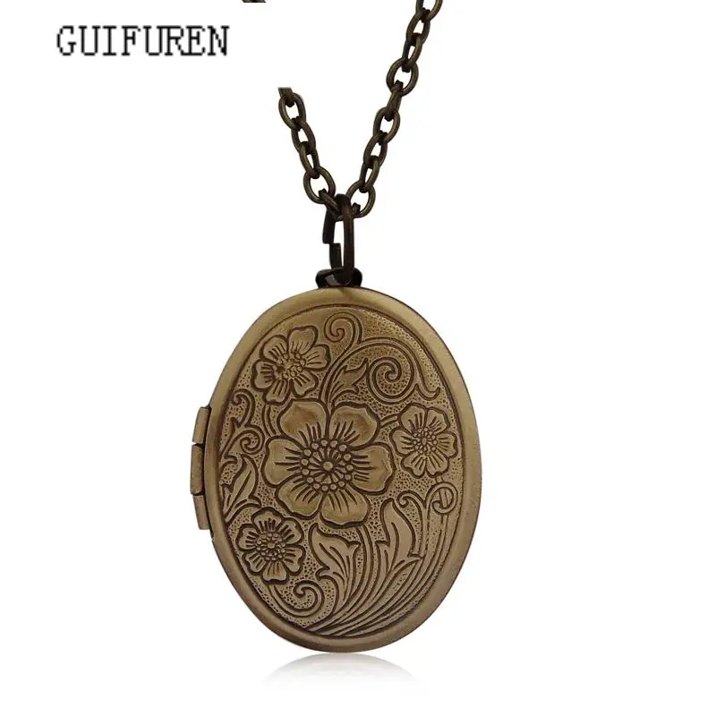 

Oval Carved Flower Stripe Locket Pendant Necklace Women Vintage Ancient Brass Opening Photo Box Jewelry