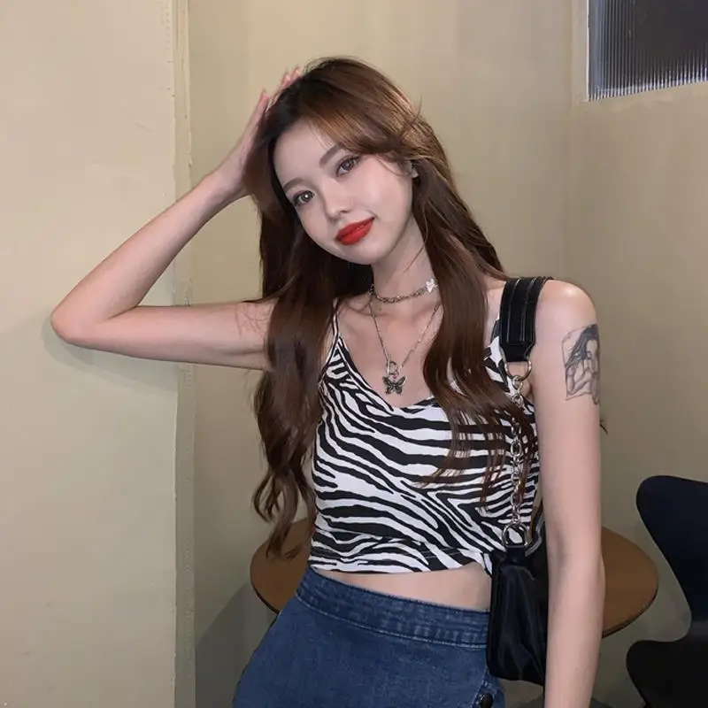 

New Summer Zebra Stripe Camisole Condole Belt Sexy Sleeveless Crop Top Women Fashion Waistcoat Slim V-Neck Short Suspender Vest