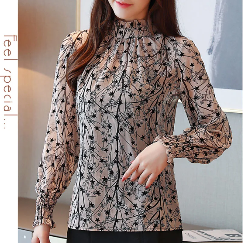 Новинка модная одежда с длинными рукавами блузки воротник стойка шифоновое
