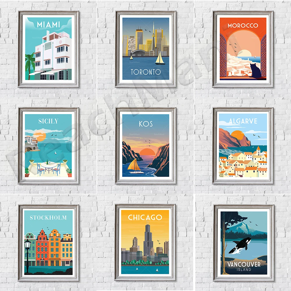 

Vintage travel poster, Santa Barbara, Costa Rica, Sardinia, Tunisia, New York, Paris, Lesbos, Cornwall, Zermatt decorative poste