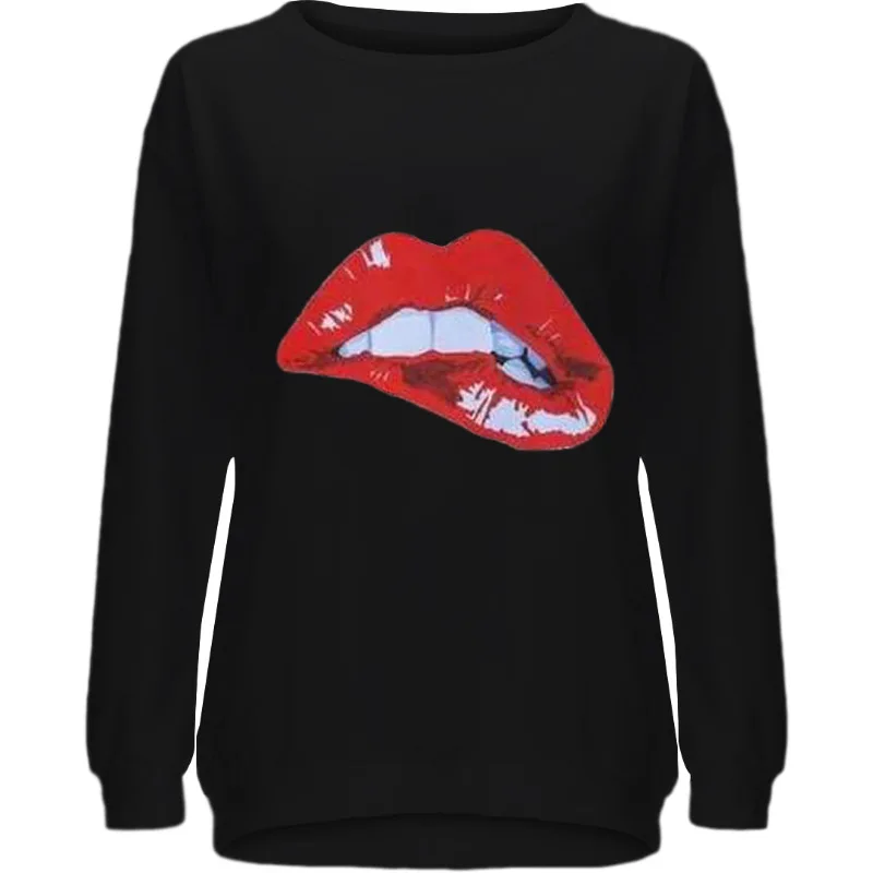 

Black Lips Shoulder Print Sweatshirt Women Plus Size Loose Pullover Casual Long Sleeve Fashion Clothes for Teens New Spring 2021