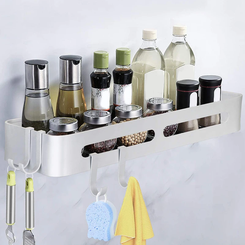 

Durable Aluminum Shower Shelf with Adhesive, No-Drilling Bathroom Shelf with Hooks, for Bathroom, Kitchen and Dorm
