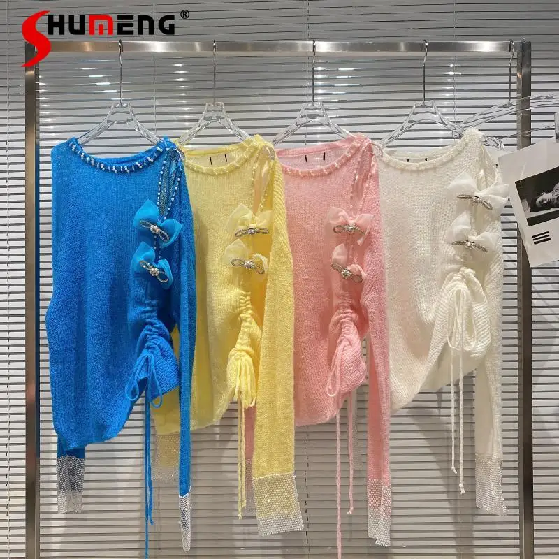 

Новинка осени 2021, Модный женский свитер Стразы с вышивкой и бантом, вязаная женская одежда со складками и открытыми плечами