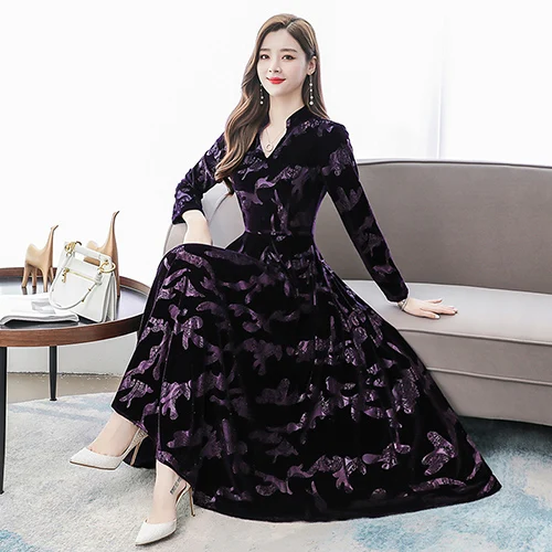 Dark Purple Винтажные однотонные бархатные миди платья осень зима 3XL плюс размер платье макси с длинным рукавом элегантные женские облегающие вечерние платья - Color: Dark Purple