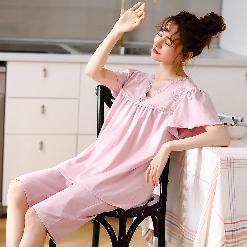 

women sleepwear pajamas ladies summer modal short-sleeved cropped pants small floral V-neck home service suit sleepwear women