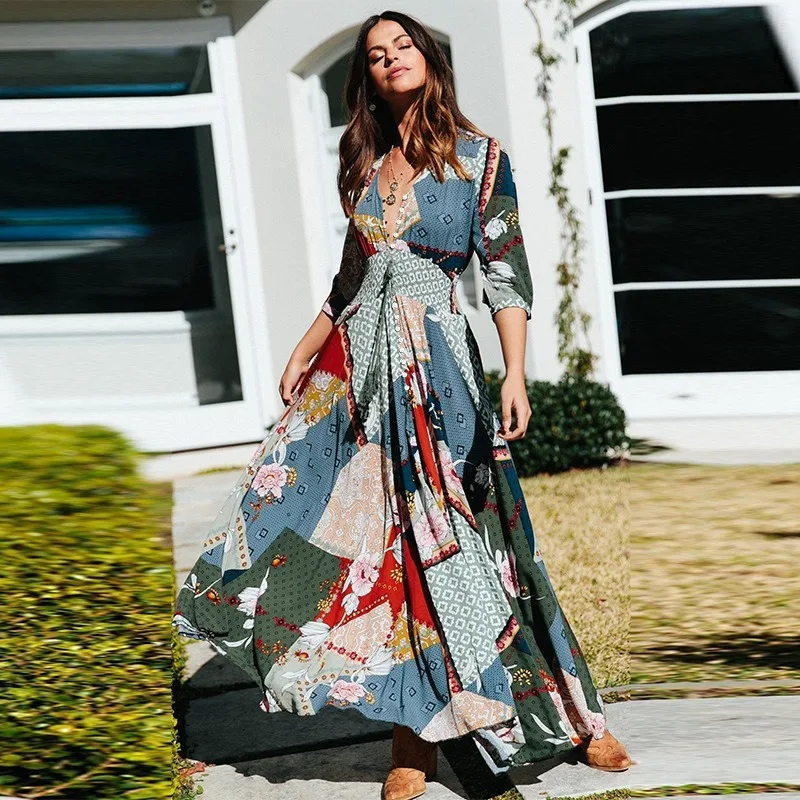 

Bohemian Chiffon Dress Women Print Ankle-Length V-Neck Short Sleeve Casual Fashion Dresses