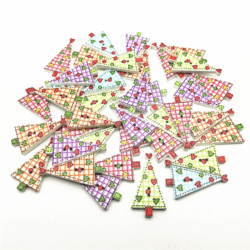 

50pcs 30x16mm Mixed Christmas Tree Wood 2 Holes Buttons Sewing Xmas Checks Tree Cardmaking Scrapbooking Embellishments Crafts