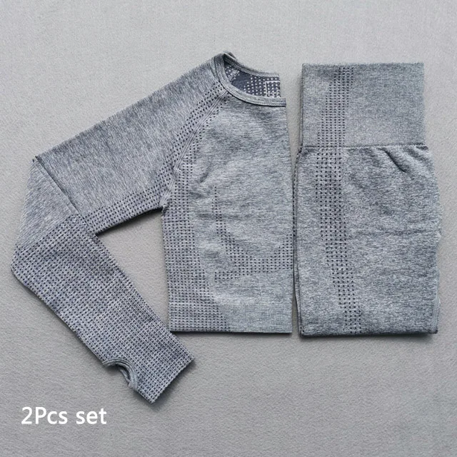 Gray blue 2Pcs set Женский спортивный костюм из 2 предметов, футболки с длинным рукавом, укороченный топ, бесшовные Леггинсы для йоги, комплект для йоги, одежда для спортзала, фитнес-костюм, комплект для тренировок - Цвет: Gray blue 2Pcs set