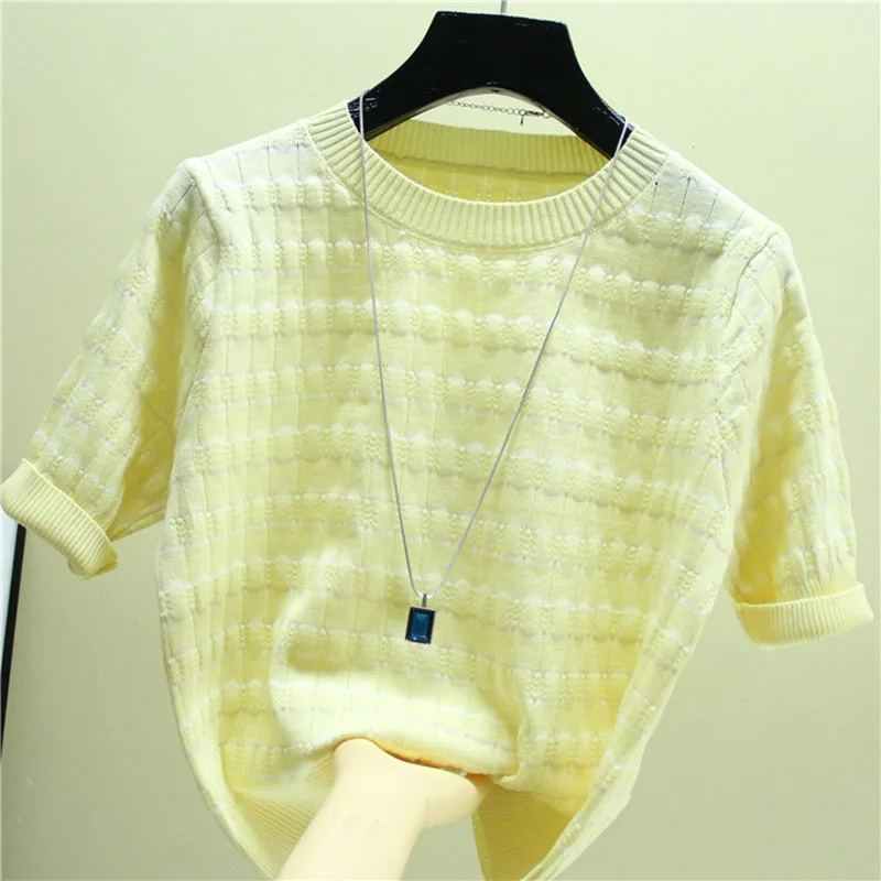 

2021 New Fashion Summer South Korea O Neck Contrast Color Color Striped Short Pullover Knitted Sweater Women T-Shirt Tops Women