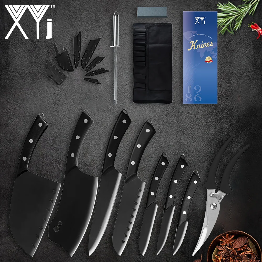 

XYj Stainless Steel Knives Set Full Tang Chopping Butcher Knife Scissor Sharpener Bar Carry Knife Bag Gift Box Cover Sheath