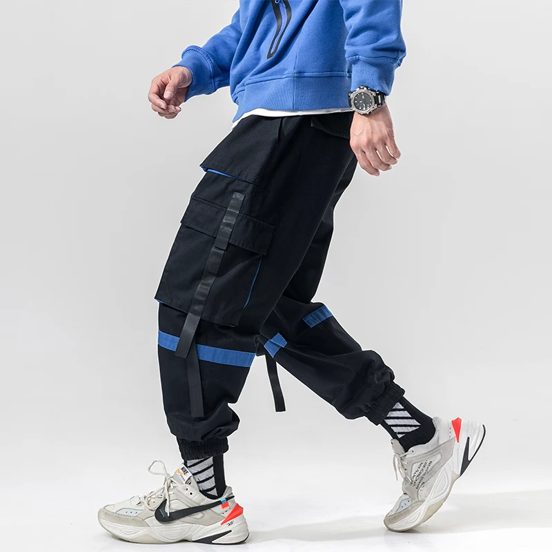 

2021Ready Stock New Hip Hop Joggers Cargo Pants Men Harem Pants Multi-Pocket Ribbons Man Sweatpants Streetwear Casual Mens Pants