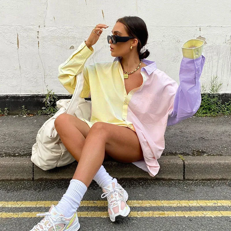 

Patchwork Oversized Shirts Casual Women Girls Blouse New Autumn Spring Fashion Loose Long Sleeve Turn-down Collar Shirts