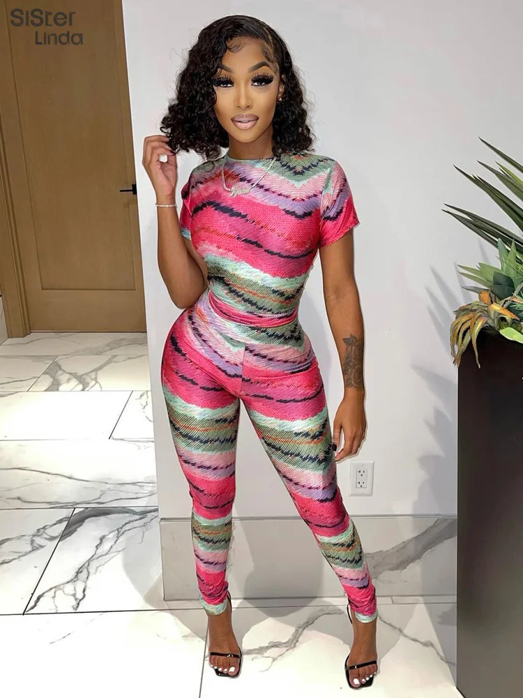 

Sisterlinda Colorful Print Fitness Tracksuit Women 2 Piece Set Short Sleeve O-Neck Tops+Leggings Matching Sportswear Outfit 2022