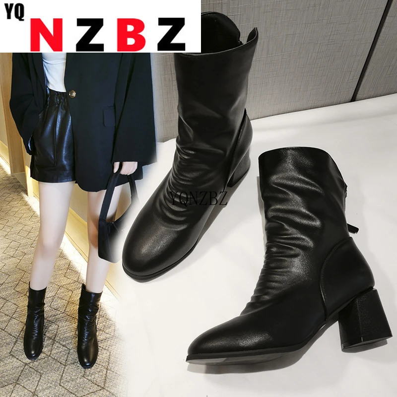 

2021 Autumn New Fashion Women Casual Boots High Heels Pointed Head Zipper Square Heel Pu Leather Platform Womens Ankle Boots