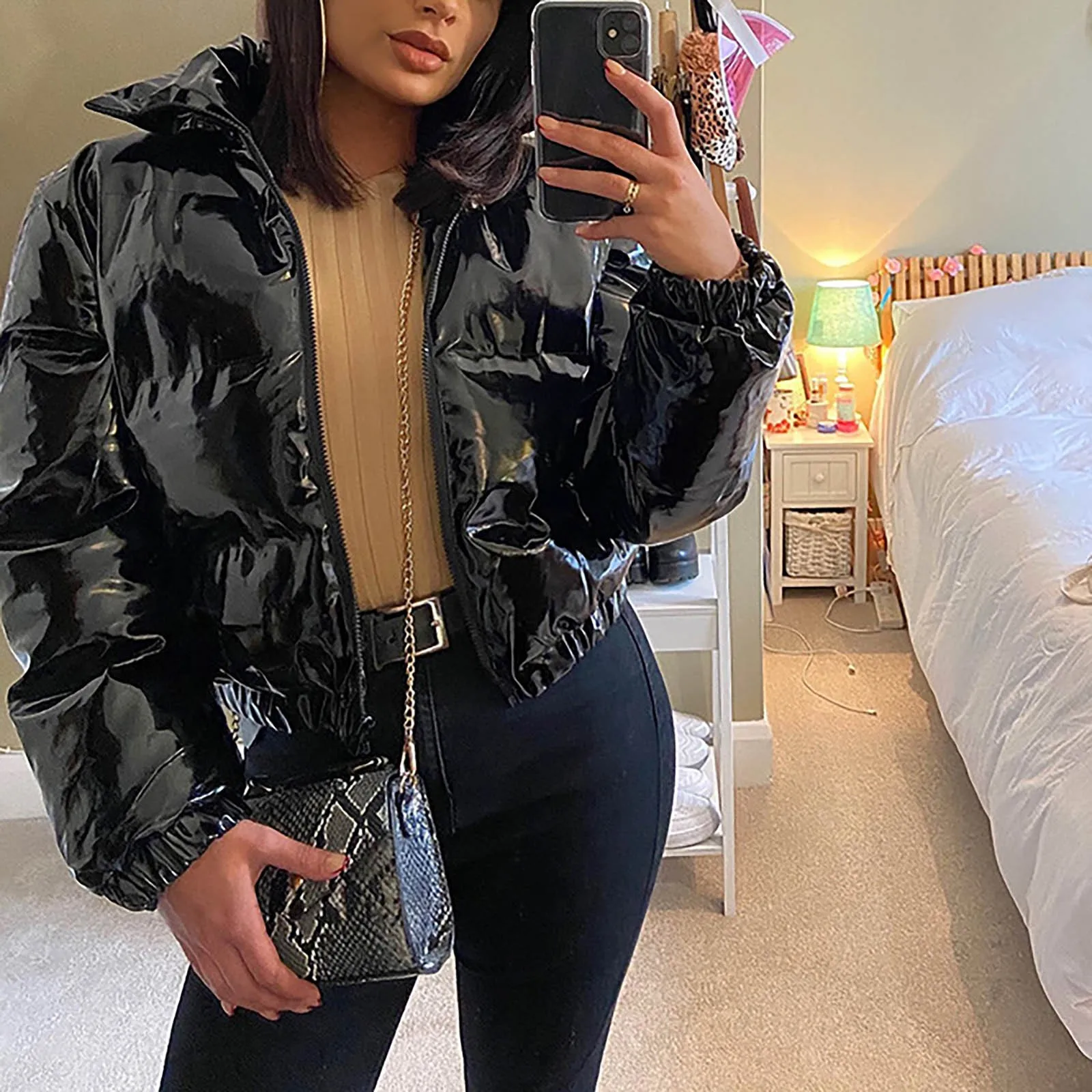 

Fashion Women Long Sleeve Zipper Solid Colors Cotton Padded Patent Leather Lapel Jacket Short Coat Outwear Chaqueta Mujer#g3